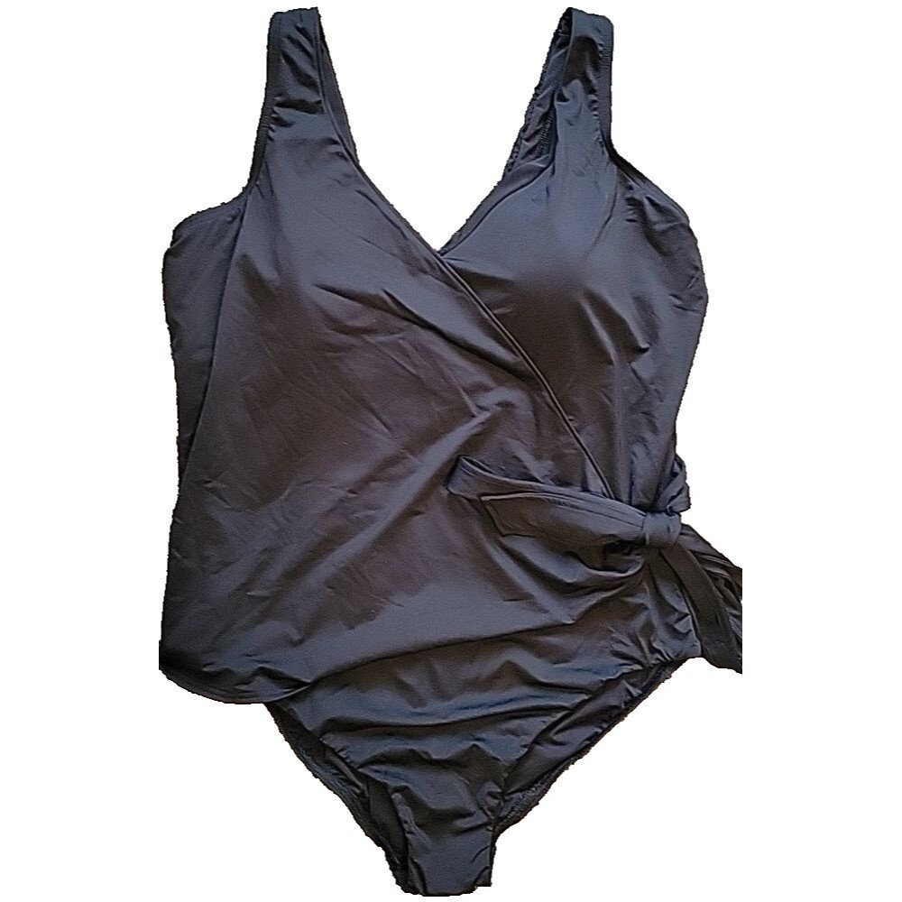 Lands End Side Tie  24W Black One Piece Swimsuit 3X Padded Solid Lined S1133